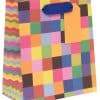 Colorful patterned paper gift bag with blue handle, perfect for parties, celebrations, and special occasions, showcasing vibrant designs and quality craftsmanship from The Wraperie.