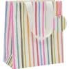 Colorful striped reusable tote bag with white handles, perfect for groceries, shopping, and daily errands, featuring a pink ribbon accent.