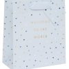 Colorful gift bag with "Welcome to the World" message and heart pattern, perfect for baby showers and welcoming new babies.