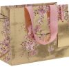 Pink cherry blossom design gift bag with gold foil accents and soft pink ribbon handles, ideal for luxury gift wrapping and special occasions.