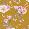 Elegant floral pattern featuring pink and purple flowers with butterflies on a warm gold background, ideal for home decor and custom wraps.