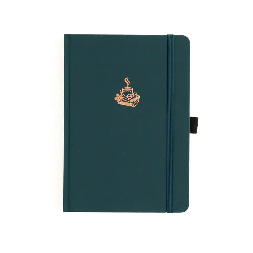 Aesthetic dark teal notebook with coffee cup logo and gold accents, perfect for journaling or note-taking.