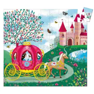 Colorful fairy tale castle with pink turrets, horse-drawn carriage, and lush garden scene featuring swans and butterflies, ideal for children's puzzles and whimsical decor.