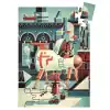 Rocket-themed toy robot and spaceship illustration with urban cityscape background, colorful and playful design, perfect for kids and science enthusiasts, representing innovation and adventure.