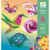 Origami butterflies, hummingbird, and flower crafted from colorful paper, showcasing tropical-themed paper folding art by Djeco, perfect for kids and art enthusiasts.