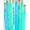 Blue pencils with sarcastic quotes about pens and a Whiskey River Soap Co. logo on the packaging for humorous soap product.