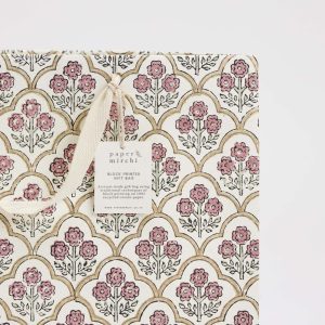 Pink floral block printed gift bag made from 100% recycled cotton paper, featuring traditional block printing techniques, perfect for eco-friendly gifting at The Wraperie.