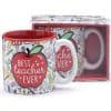 Best teacher ever mug with school supply pattern and red apple design, perfect for educators, teachers appreciation, or gifts.