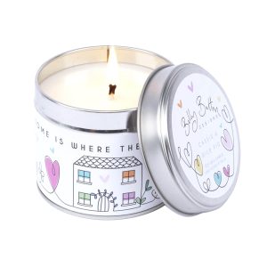 Colorful illustrated house candle with a lit flame and decorative hearts, perfect for home decor and cozy ambiance.