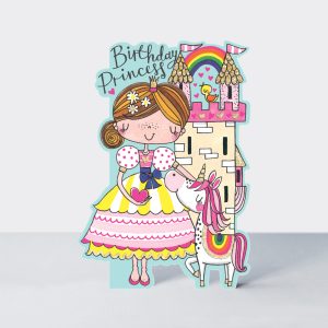 Colorful princess birthday cake topper with unicorn, rainbow castle, and whimsical design, perfect for a child's birthday celebration. Made from durable paper, ideal for cake decoration and parties.