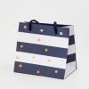 Colorful striped gift bag with star pattern and navy handles, perfect for wrapping snacks or small gifts from The Wraperie. Stylish, functional, ideal for special occasions and party favors.