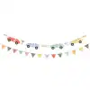 Mini race car garland decoration for birthday parties, kids’ events, and celebrations - colorful paper cars with “Go!” banner and pennant flags. Perfect for a fun, festive atmosphere.