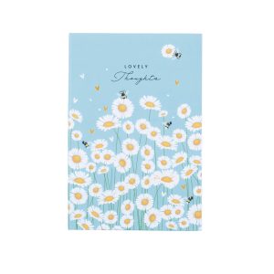 Bright blue notebook cover featuring cheerful daisies and bees for journaling, notes, and creative writing at The Wraperie. Perfect for nature-inspired stationery lovers and gift givers.