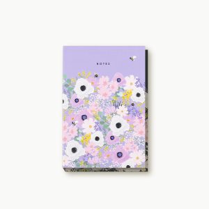 Vegan floral notepad with pastel purple, pink, and white flower design for writing notes and reminders. Perfect for eco-friendly office supplies and stationery enthusiasts.