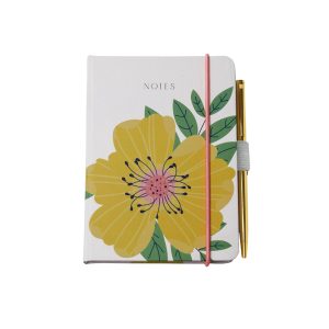 Bright yellow floral notebook with a pink elastic band and matching pink pen, ideal for journaling and note-taking. Perfect organizer for daily notes, ideas, and creative projects.