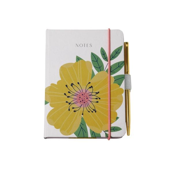 Bright yellow floral notebook with a pink elastic band and matching pink pen, ideal for journaling and note-taking. Perfect organizer for daily notes, ideas, and creative projects.