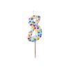 Colorful birthday candle in the shape of the number 8 with polka dot design, perfect for celebration or cake decoration.