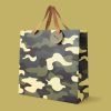Camouflage patterned gift bag with kraft paper handles, perfect for custom gift presentation from The Wraperie.