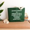Bright green tote bag with bold white text reading 