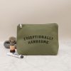 Effortlessly stylish green zippered pouch with bold black text saying 