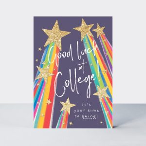 Vibrant colorful rainbow and gold glitter star graduation greeting card with "Good Luck at College" message and inspiring quote about shining. Perfect for college graduation celebrations.