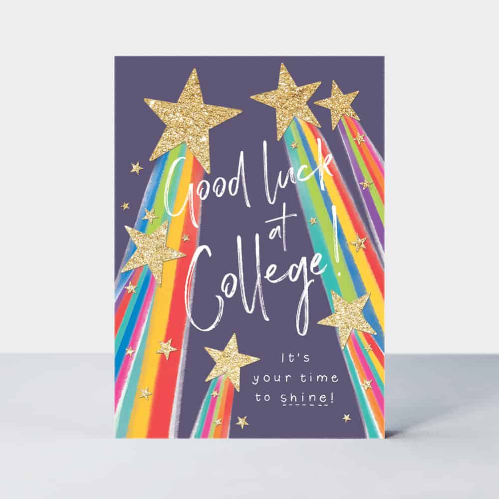 Vibrant colorful rainbow and gold glitter star graduation greeting card with "Good Luck at College" message and inspiring quote about shining. Perfect for college graduation celebrations.