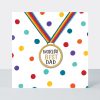 World's Best Dad rainbow medal on a colorful polka dot card, perfect Father's Day gift or celebration for dad, with vibrant rainbow ribbon and heartfelt message.