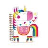Vibrant unicorn-themed spiral notebook with colorful hearts, rainbow tail, and 