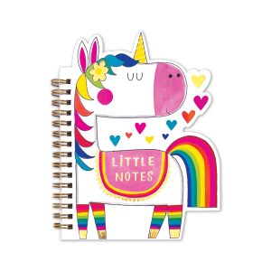 Vibrant unicorn-themed spiral notebook with colorful hearts, rainbow tail, and "Little Notes" message, perfect for kids' journaling, school, or creative writing.