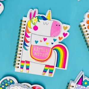 Colorful unicorn notebook with rainbow accents, hearts, and "Little Notes" text, perfect for kids' stationery and note-taking. Bright, whimsical design ideal for school supplies.