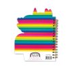Rainbow unicorn-shaped notebook with colorful rainbow stripes, perfect for kids and teens, featuring a spiral binding and vibrant design.