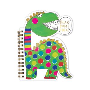 Colorful dinosaur notebook cover with playful design and "Roar Some Ideas" speech bubble, perfect for kids’ school supplies and creative writing.