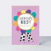 Colorful teacher appreciation card with a flower design, bold lettering, and polka dot ribbon, perfect for celebrating and thanking teachers.