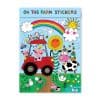 Colorful farm-themed sticker sheet featuring cheerful animals, a rainbow, sun, clouds, and a tractor, perfect for children’s crafts and educational activities.