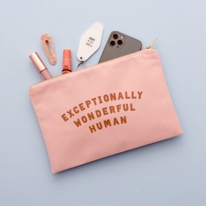 Pink makeup bag with the quote "Exceptionally Wonderful Human," containing lipstick, lip gloss, a hair clip, a phone, and a key tag, on a pastel blue background.