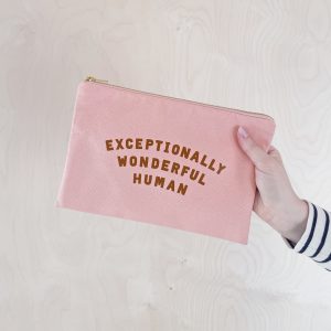 Pink fabric pouch with gold zipper featuring the phrase "Exceptionally Wonderful Human" in bold brown letters, held by a person in a striped long sleeve, against a light wood background.