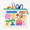 Teacher desk organizer with colorful school-themed patches, pins, and stationery items for teachers and students, ideal for school supplies and accessories.