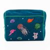 Vibrant teal quilted cosmetic bag featuring colorful embroidered jellyfish and coral sea creatures, perfect for beach accessories or travel essentials.