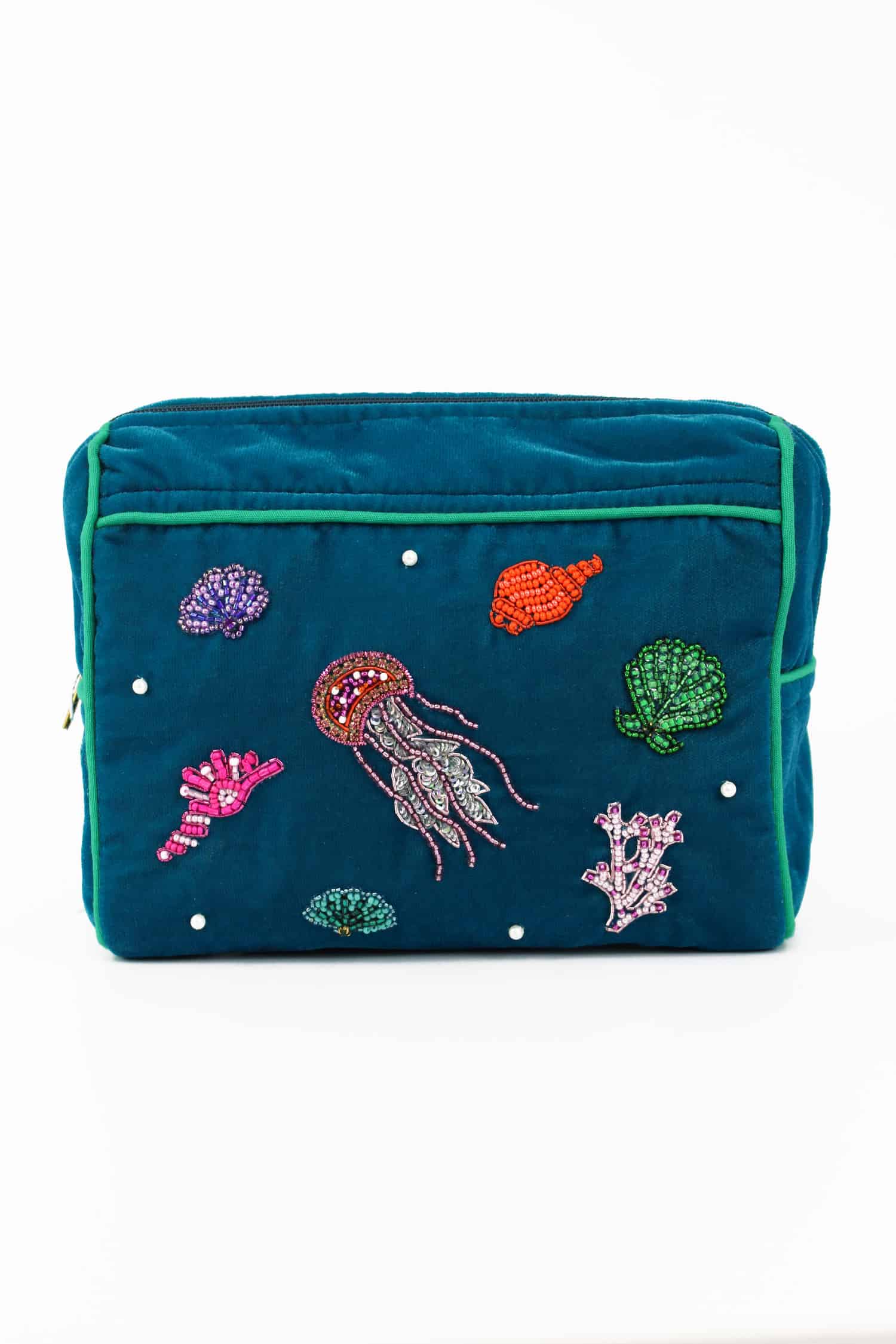 Vibrant teal quilted cosmetic bag featuring colorful embroidered jellyfish and coral sea creatures, perfect for beach accessories or travel essentials.