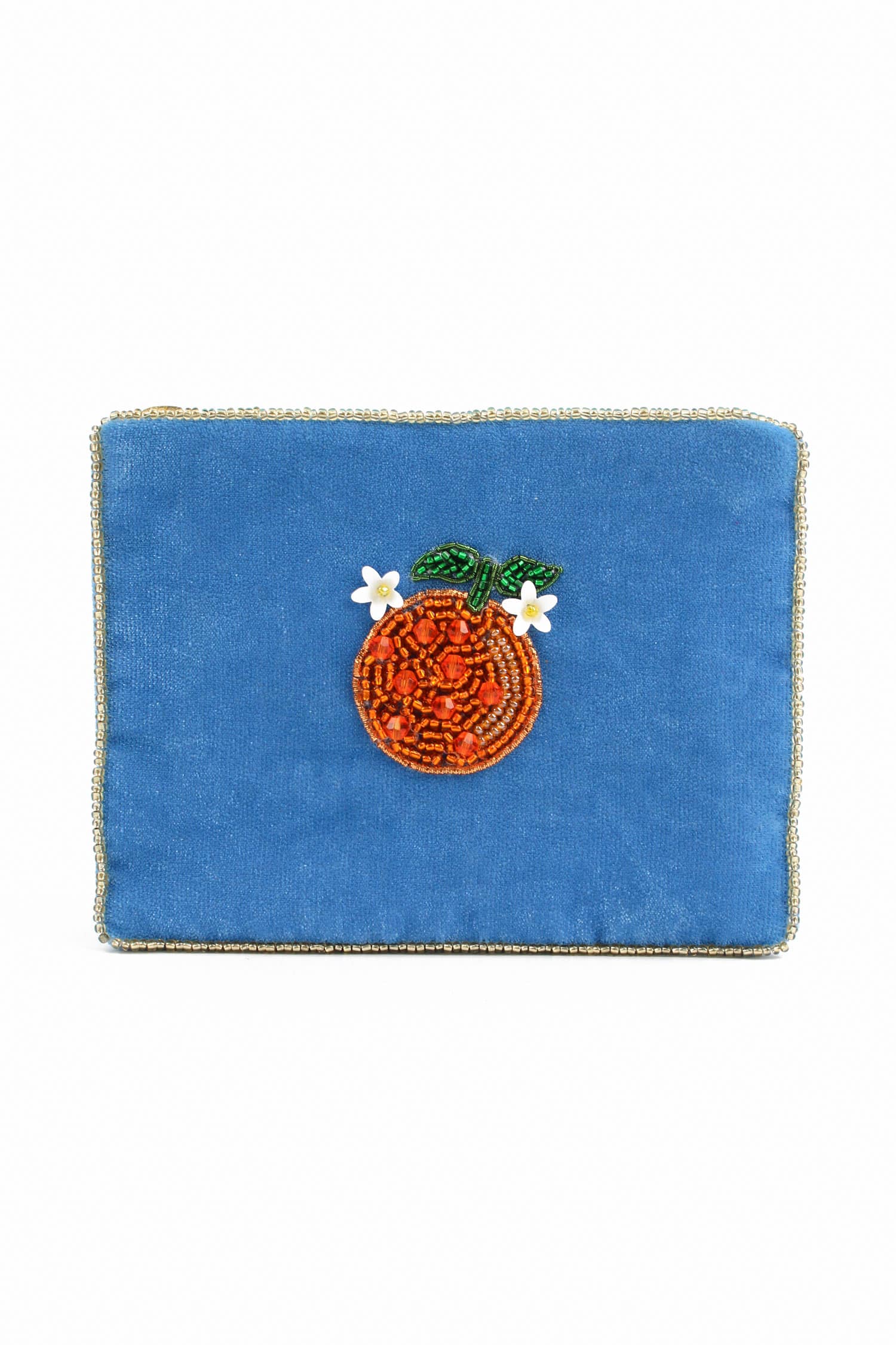 Beaded orange fruit clutch bag with floral embellishments on blue fabric, perfect for summer accessories, casual outings, and stylish events.