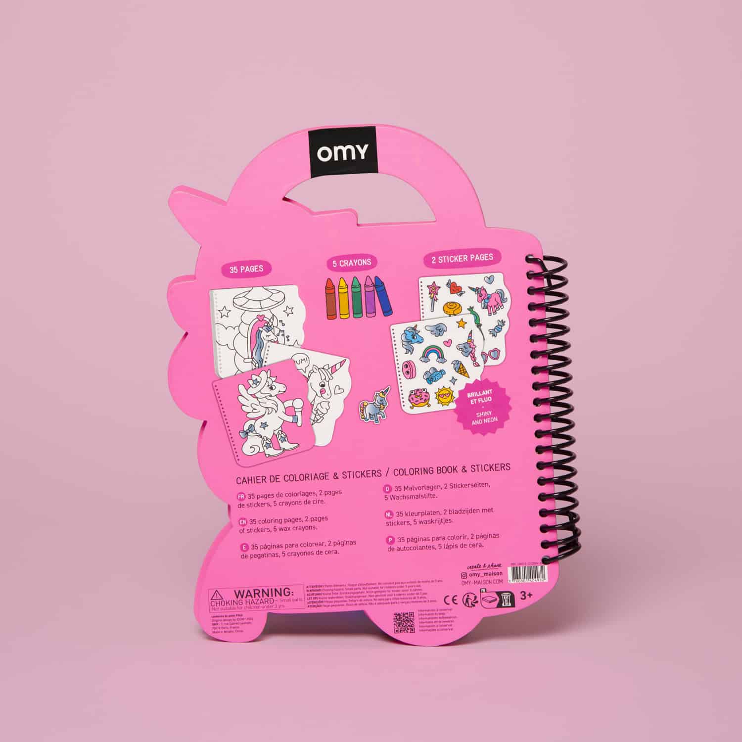 Vibrant pink unicorn-shaped coloring book with stickers and crayons, perfect for kids' creative activities, featuring 35 coloring pages, 2 sticker sheets, and 5 crayons for endless fun.