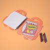 Colorful illustrated snack wrapper and coloring book page about Crispers chips with four markers on a peach background.
