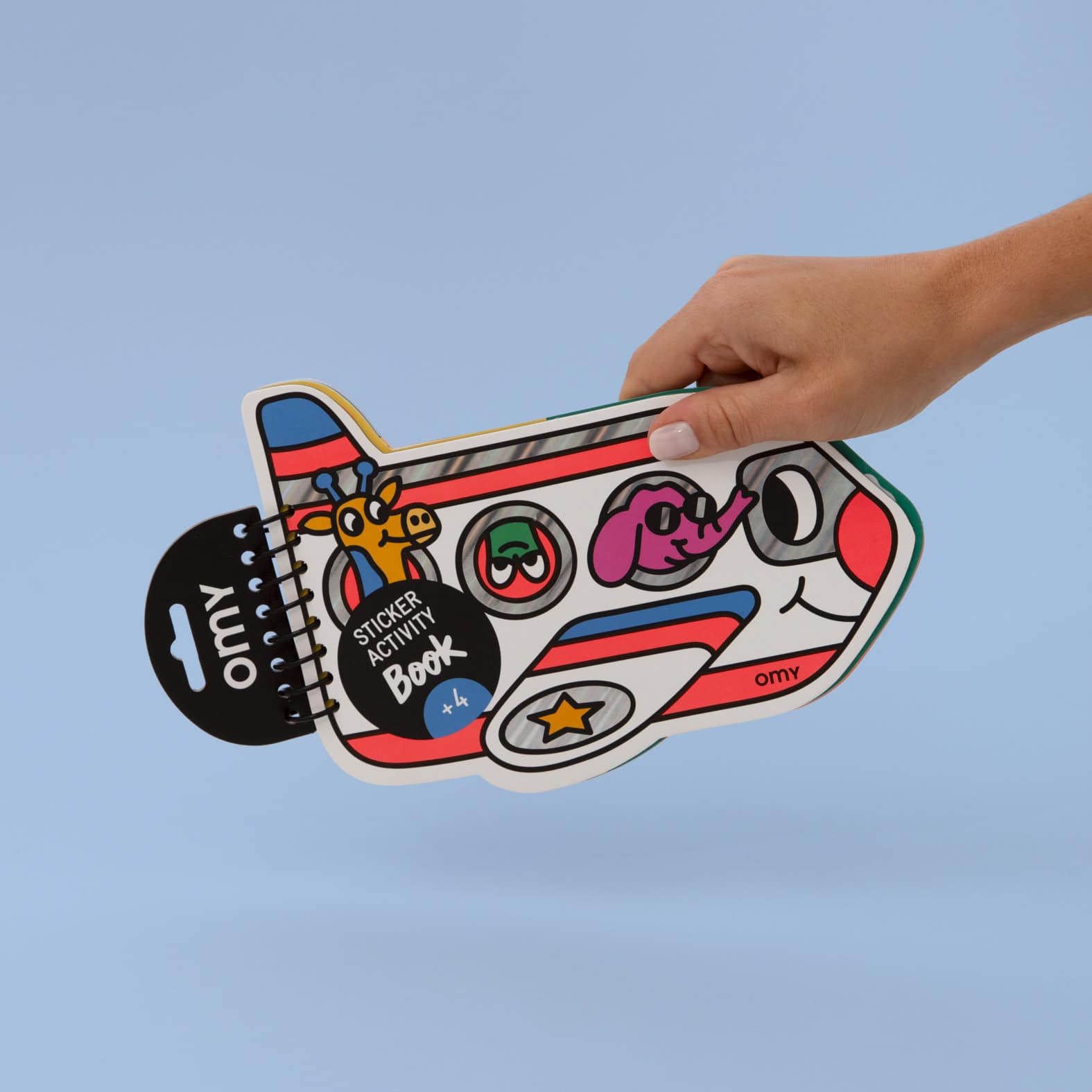 Colorful sticker activity book shaped like a camera with animal characters, perfect for kids' entertainment and creative play.