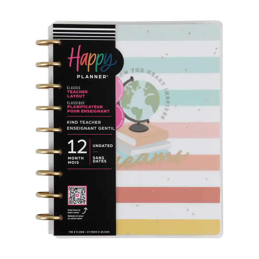 Bright colorful 12-month teacher planner with classic layout, whimsical globe design, and stylish gold spiral binding, perfect for organizing school year lessons and activities.