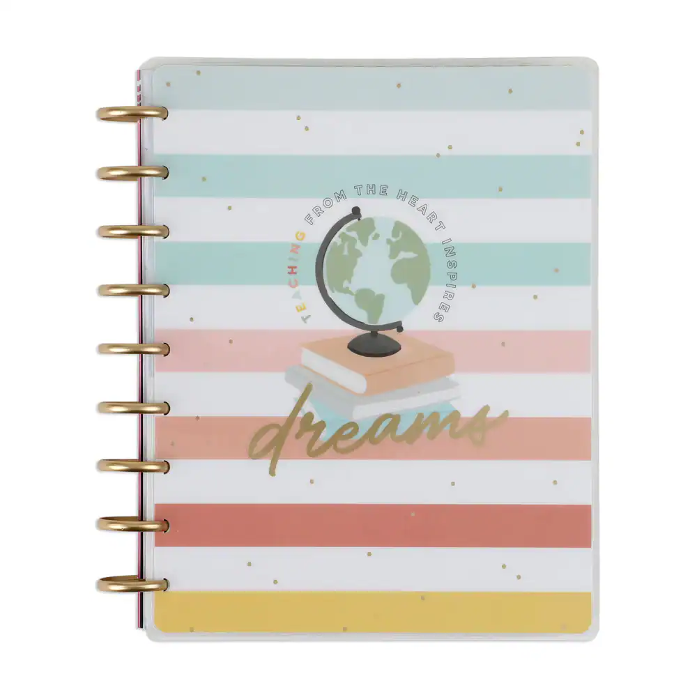 Colorful striped planner with motivational "Dreams" quote, globe illustration, and stacked books, designed for inspiration and organization, perfect for students and professionals.