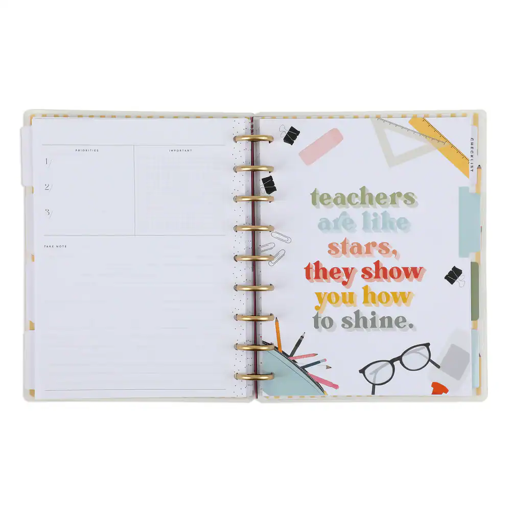 A stylish planner or journal with motivational quote about teachers and shining, decorated with colorful stationery elements and the phrase "teachers are like the stars, they show you how to shine.".