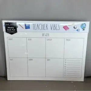 Weekly teacher planner dry erase board for classroom organization, featuring weekly schedule layout and checklists, ideal for teachers to plan lessons and manage school week activities.