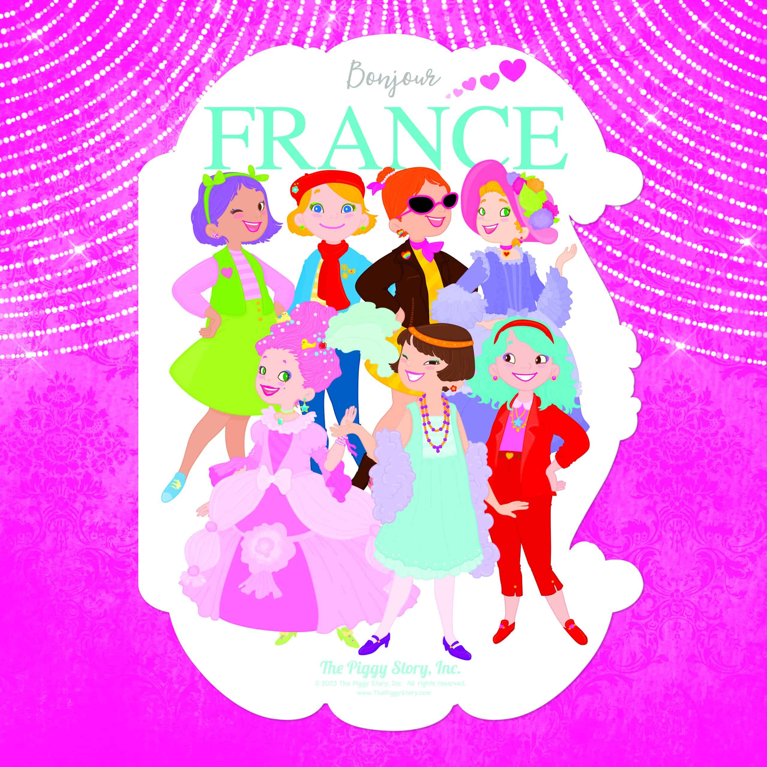 Colorful illustration of diverse female characters with vibrant backgrounds, perfect for children's entertainment, storybooks, or themed events related to The Piggy Story, Inc.