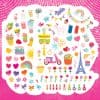 Colorful sticker sheet featuring vibrant illustrations of flowers, love hearts, rainbow, Parisian landmarks, and fun accessories, perfect for decorating simple projects or creating cheerful DIY crafts.