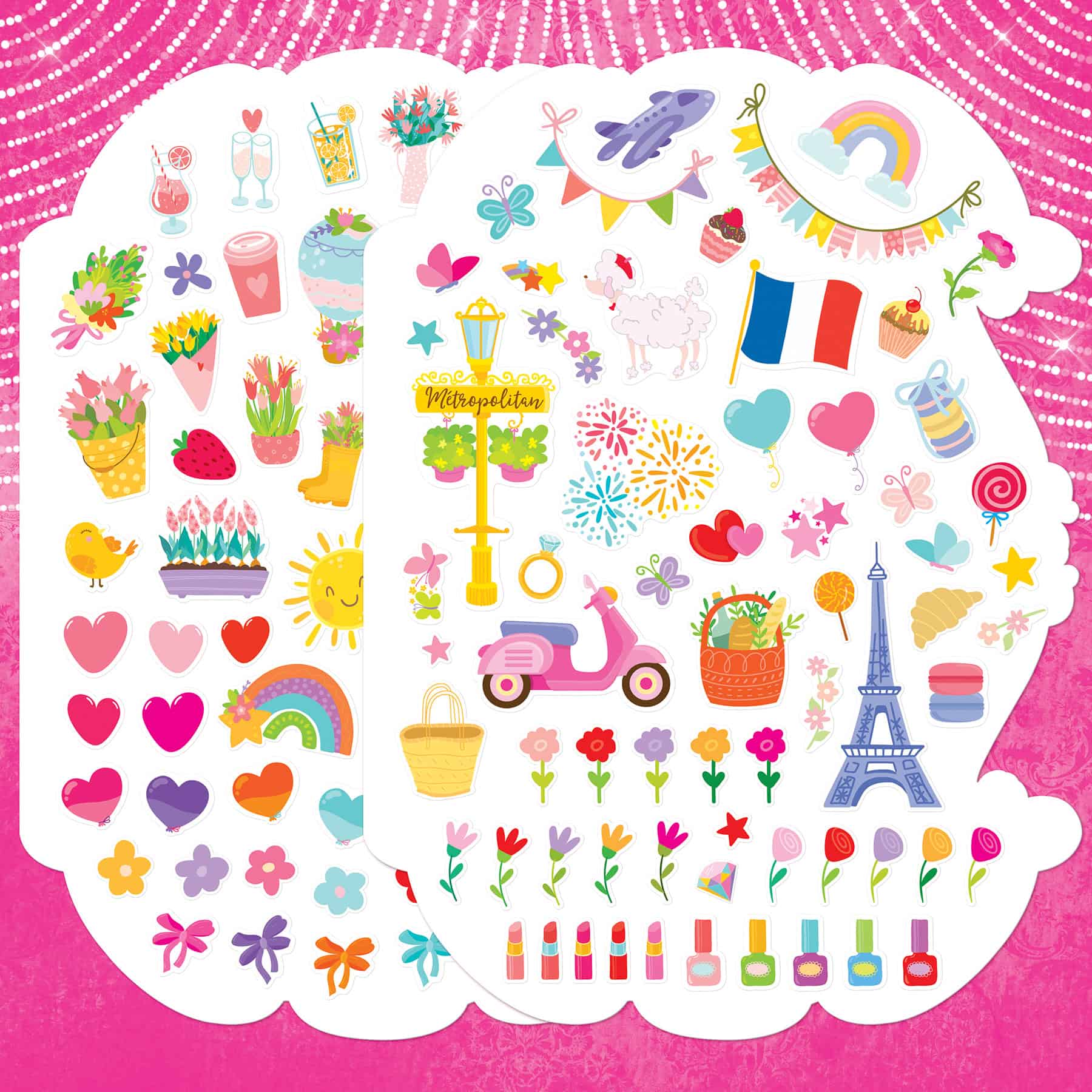 Colorful sticker sheet featuring vibrant illustrations of flowers, love hearts, rainbow, Parisian landmarks, and fun accessories, perfect for decorating simple projects or creating cheerful DIY crafts.